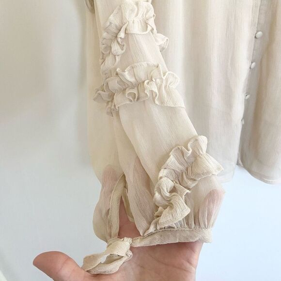 Topshop Ruffle Sheer Long Sleeve Blouse Cream 6 - Picture 7 of 10